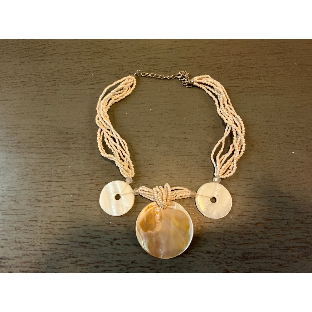 White Seed Bead Multi Strand Mother of Pearl Shell Disc Statement Necklace 18in